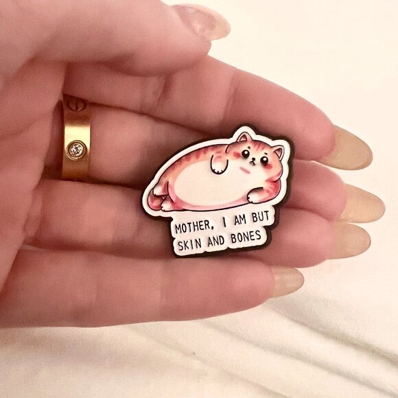 🧷Enamel Pin - Chonky Orange Cat With Caption "MOTHER, I AM BUT SKIN AND BONES." - Picture 3 of 4